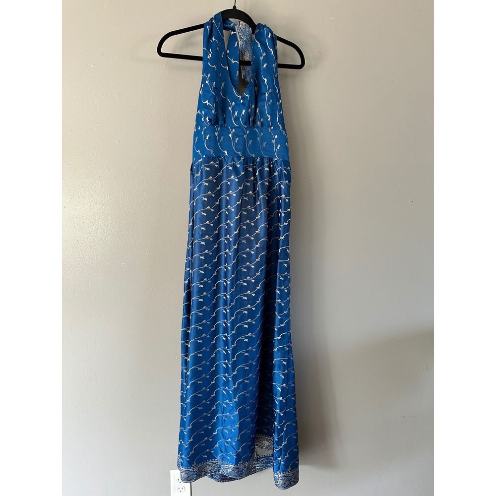 Handmade Maxi Halter Dress Satin Blue and Embossed Metallic Gold